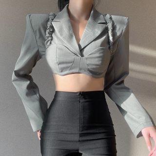Set: Plain Cropped Camisole Top + Padded Shoulder Cropped Blazer