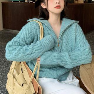 Zipper High-neck Cable-knit Sweater
