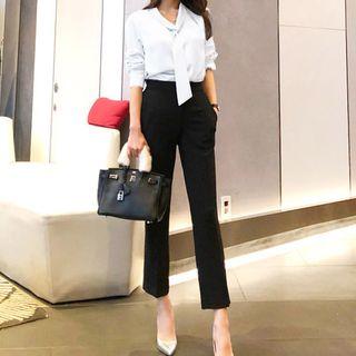 Set: Plain Tie-neck Blouse + Cropped Straight-fit Pants