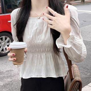 Long-sleeve Ruched Square-neck Top