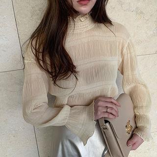 High-neck Ruched Chiffon Top Cream - One Size