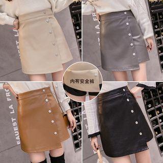 Faux-leather Button Front High-waist A-line Skirt