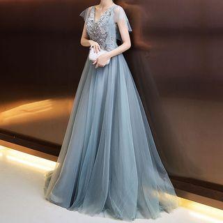 Embroidered Sheer A-line Evening Gown