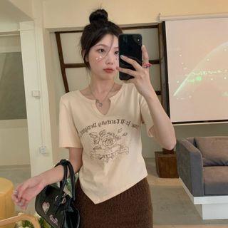 Short-sleeve Flower Print Asymmetrical T-shirt