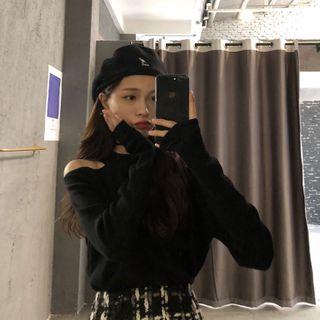 Cold-shoulder Knit Top / Mini A-line Tweed Skirt