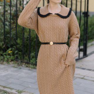 Collared Cable Knit Midi Sweater Dress