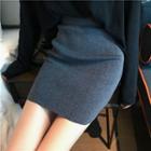 Plain Long-sleeve T-shirt / High Waist Knitted Pencil Skirt