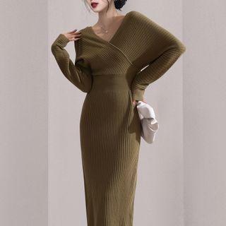 Long-sleeve Batwing Knit Midi Sheath Dress Matcha Green - One Size