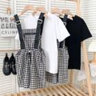 Set: Plain T-shirt + Drawstring-waist Checker Playsuit