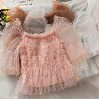 Off-shoulder Ruffled-trim Ruched Mesh Top