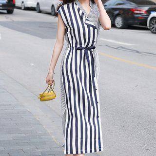 Cap-sleeve Striped Button-up Midi Dress