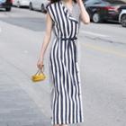 Cap-sleeve Striped Button-up Midi Dress