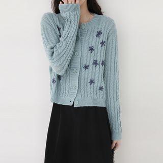 Buttoned Floral Embroidered Cardigan Aqua Blue - One Size