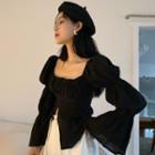 Bell-sleeve Scoop-neck Slit-hem Top Black - One Size