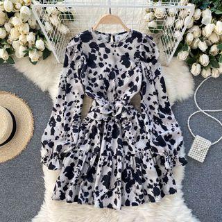 Long-sleeve Print Tie-waist Mini A-line Dress