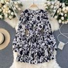 Long-sleeve Print Tie-waist Mini A-line Dress