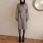 Round-neck Herringbone Robe Coat Brown - One Size