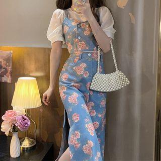 Puff-sleeve Blouse / Floral Denim Cropped Camisole Top / Midi A-line Skirt