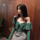 Off-shoulder Ruffled Long-sleeve Striped T-shirt