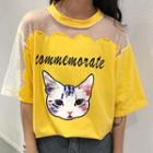 Elbow-sleeve Sheer Panel Cat-print Top