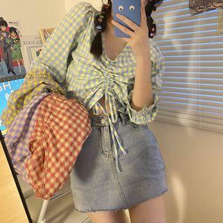 Short-sleeve Plaid Drawstring Tee