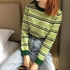 Heart Print Striped Long-sleeve Knit Top Green - One Size