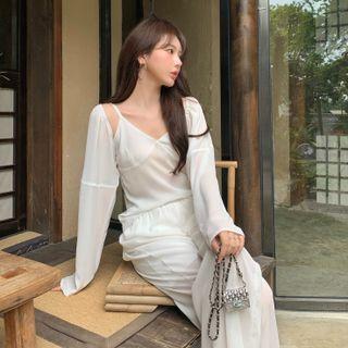 Spaghetti Strap Chiffon Camisole Top / Chiffon Crop Cardigan / High Waist Chiffon Straight Leg Pants
