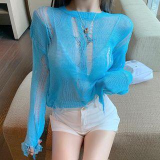 Distressed Long-sleeve Knit Top Blue - One Size