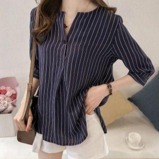 Elbow-sleeve Striped Loose Fit Blouse Top