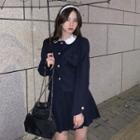 Set: Long-sleeve Collar Jacket + Pleated Mini A-line Skirt