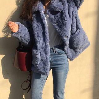 Plain Furry Loose-fit Jacket Ash Blue - One Size