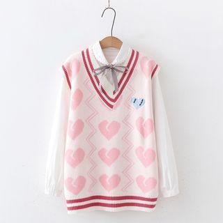 Tie-neck Shirt / Heart Pattern Sweater Vest