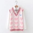 Tie-neck Shirt / Heart Pattern Sweater Vest