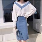 V-neck Contrast-trim Sweater / Straight Cut Midi Skirt