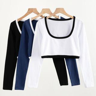 Long-sleeve Cropped Scoop-neck T-shirt