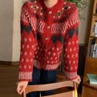 Round-neck Patterned Knit Sweater Red - One Size