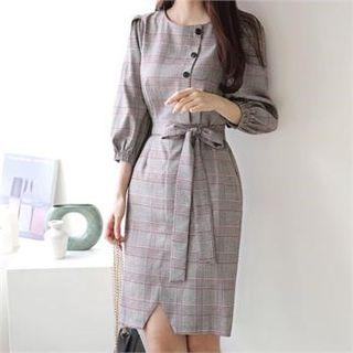 Tall Size Button-trim Plaid Dress With Sash