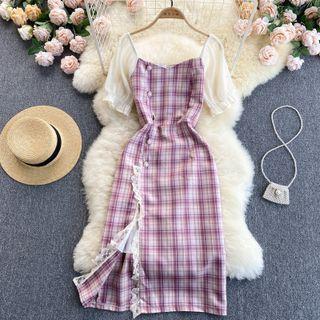 Lace Flower Trim Slit Plaid Dress
