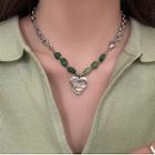 Heart Pendant Gemstone Stainless Steel Necklace Silver & Green - One Size