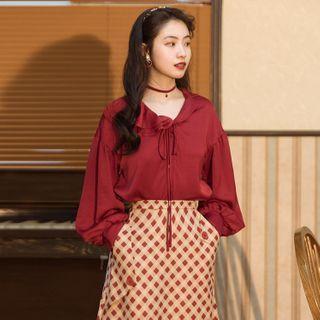 Set: Puff-sleeve Blouse + Plaid A-line Skirt