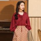 Set: Puff-sleeve Blouse + Plaid A-line Skirt