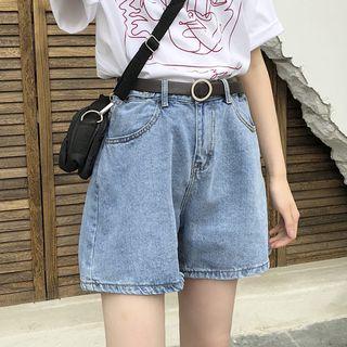Set: Wide-leg Denim Shorts + Faux Leather Belt