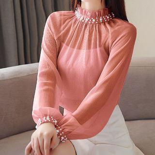 Stand Collar Beaded Blouse
