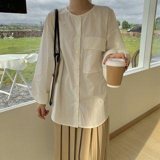 Long-sleeve Blouse / Knit Shawl / Pleated Midi A-line Skirt