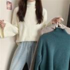 Turtleneck Long-sleeve Ribbed Knit Top