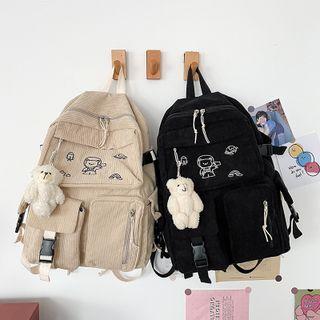 Buckled Embroidered Corduroy Backpack