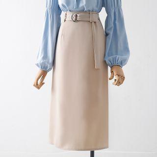 Collared Double-breasted Blouse / Midi A-line Skirt / Set