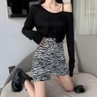 Cold-shoulder Long-sleeve T-shirt / Zebra Print Mini A-line Skirt