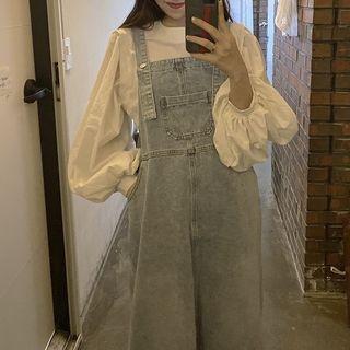 Puff-sleeve Blouse / Denim Dungaree Dress