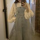 Puff-sleeve Blouse / Denim Dungaree Dress